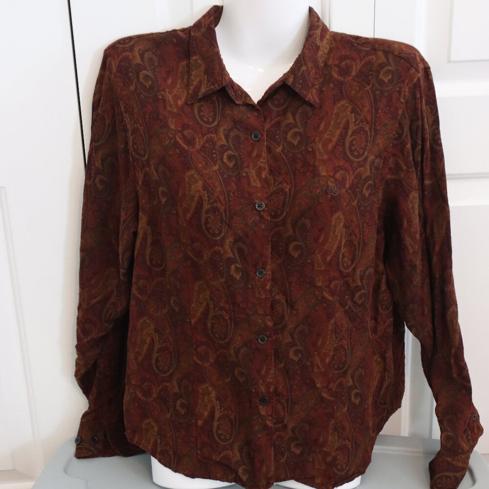 Lauren Ralph Lauren Paisley Long Sleeve Button Down Top Size Large Rayon/Wool